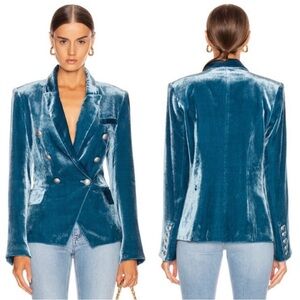 L’AGENCE Kenzie Double Breasted Velvet Blazer in Cortez Blue Sz 6